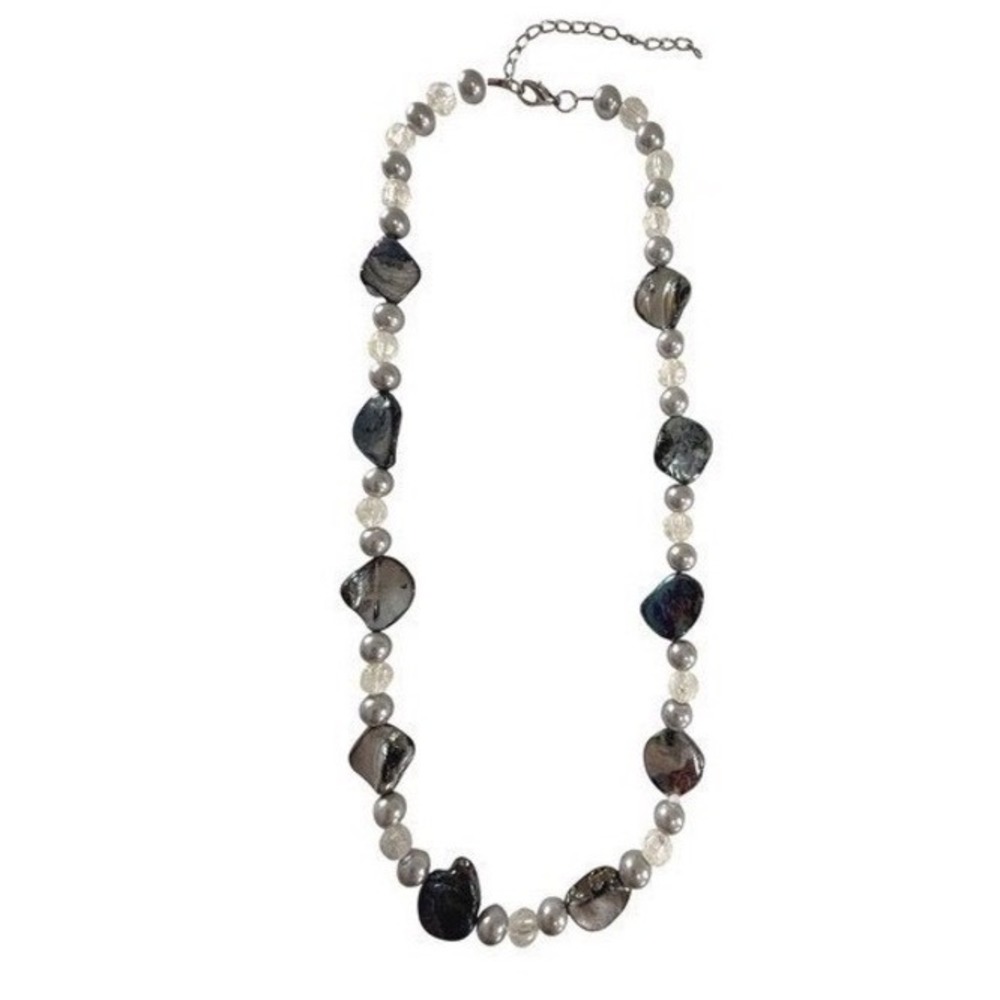 Beaded‎ Shell Necklace About 20 Inch Grey Iridescent Faux Pearl Extender Jewelry
